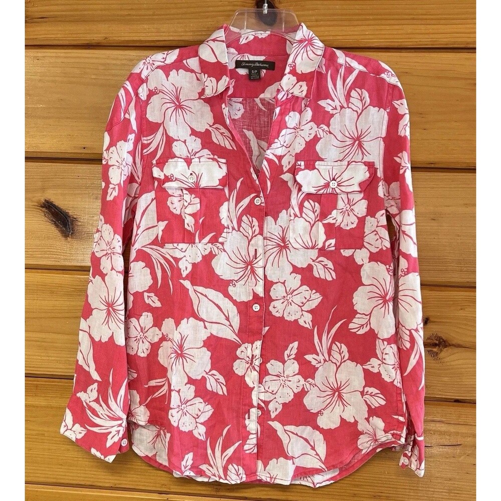 Tommy Bahama Linen Women's Pink White Floral Tropical Hawaiian Longsleeve Shirt